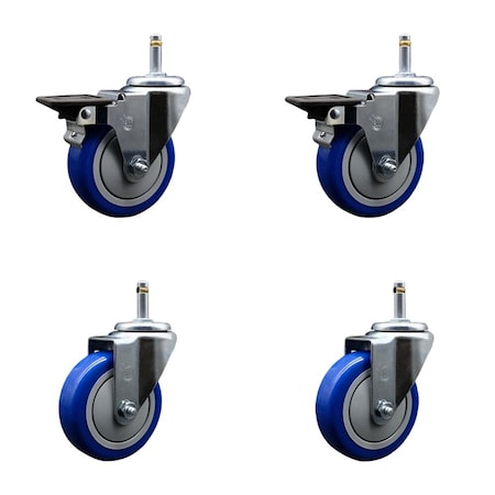 Service Caster 4'' Blue Poly Wheel Swivel 7/16'' Grip Ring Stem Caster Set 2 Brakes, 4PK GR20S414-PPUB-BLUE-PLB-716138-2-S-2